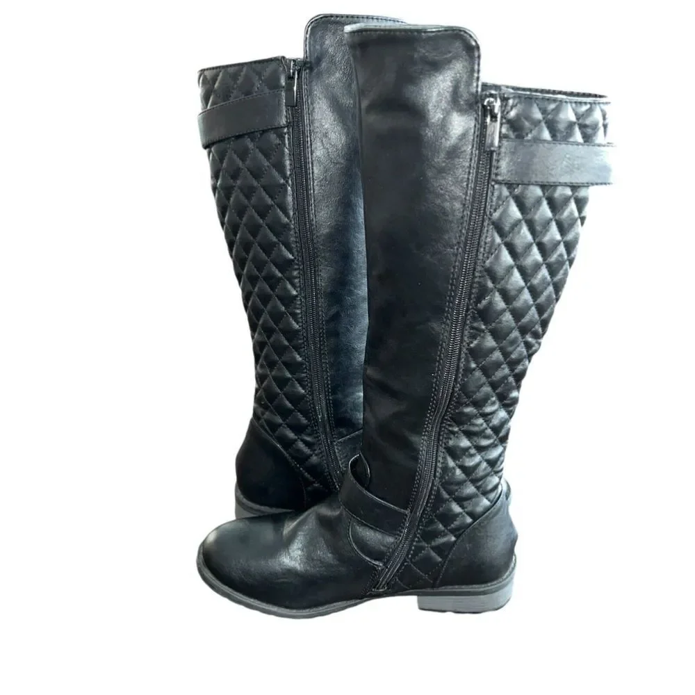 Cambridge Select Women's Riding Boots Black Block Heels Mid Calf Buckle Zip 7.5